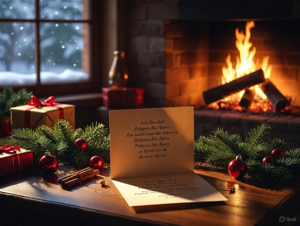 A cozy Christmas scene shows an open greeting card with short & simple Christmas wishes in Spanish like "Feliz Navidad" on a wooden table surrounded by pine branches, ornaments, and gifts near a fireplace.