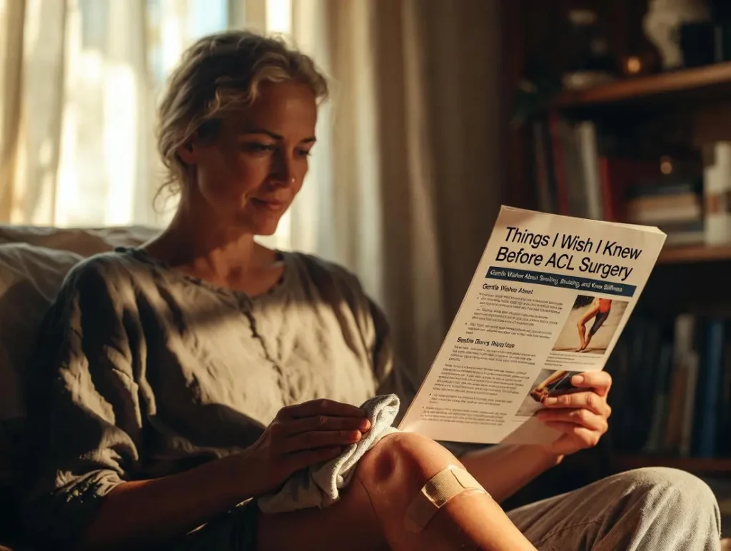 A patient sits comfortably on a couch in a sunlit living room, holding an ice pack on a bandaged and slightly swollen knee while reading an article about post-surgery care, relating to things i wish i knew before acl surgery and Gentle Wishes About Swelling, Bruising, And Knee Stiffness.