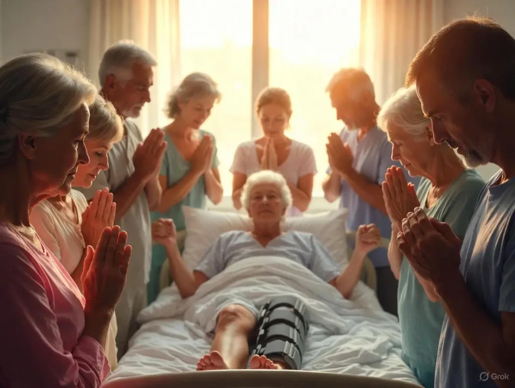 A diverse group of office colleagues gathers around a seated coworker wearing a knee brace on one leg, showing supportive expressions in a brightly lit modern workplace, relating to things i wish i knew before acl surgery and workplace-friendly wishes for colleagues having ACL surgery.