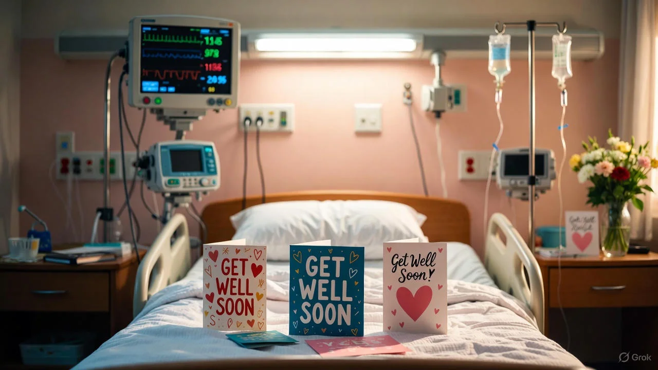 Cozy get well wishes for surgery recovery scene with fresh tulips bouquet and heartfelt card on white background