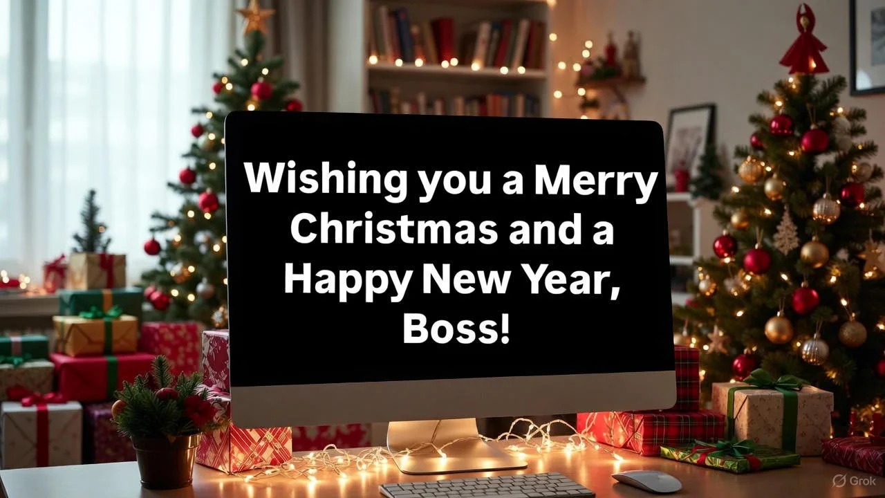 Festive office desk with Christmas cards and tree, symbolizing holiday appreciation for boss