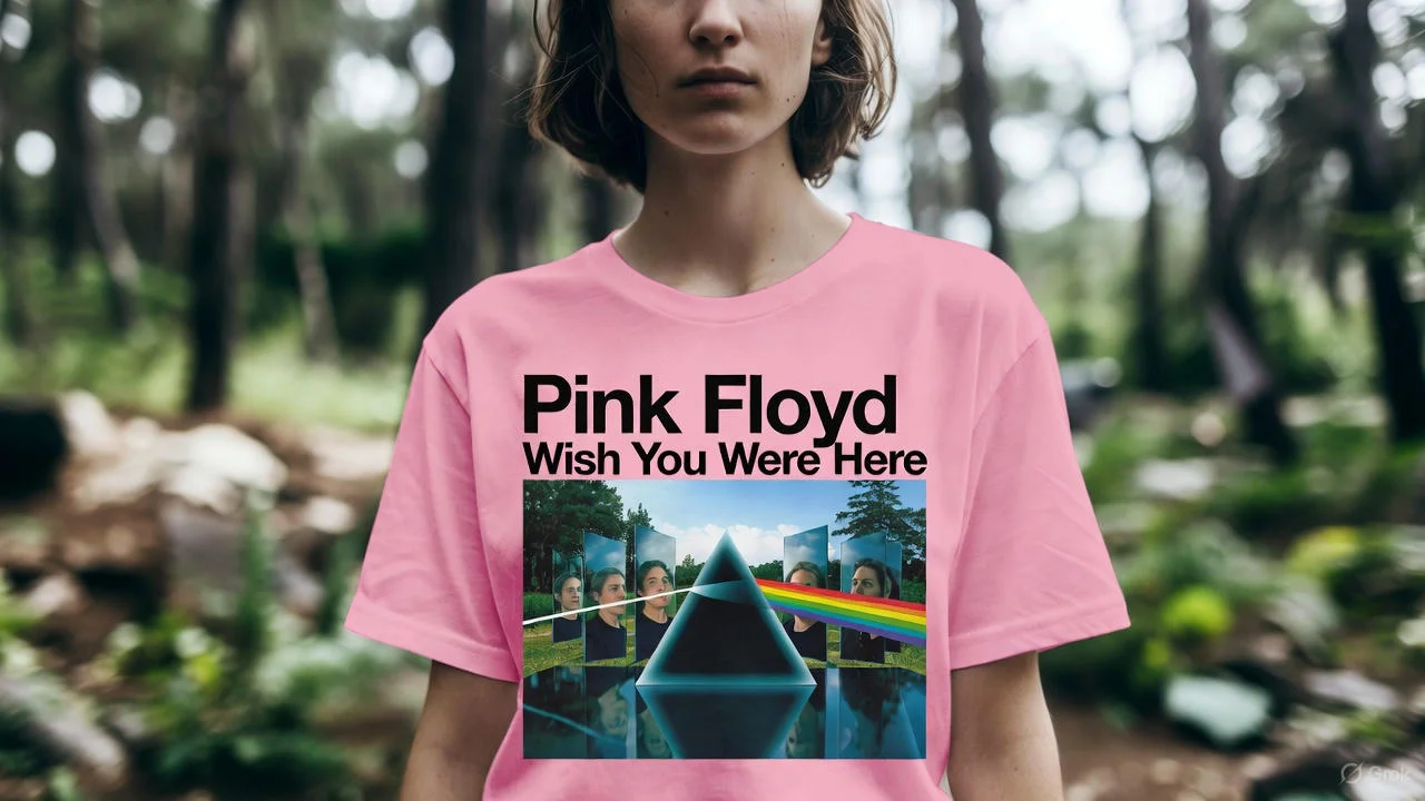 Fan wearing classic Pink Floyd Wish You Were Here album cover t-shirt