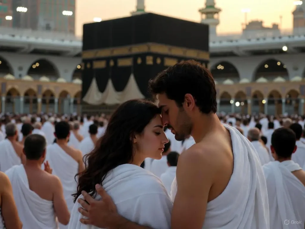 A husband tenderly embraces his wife as they gaze at the illuminated Kaaba during tawaf in the Grand Mosque of Mecca, capturing a heartfelt moment of umrah mubarak wishes for wife.