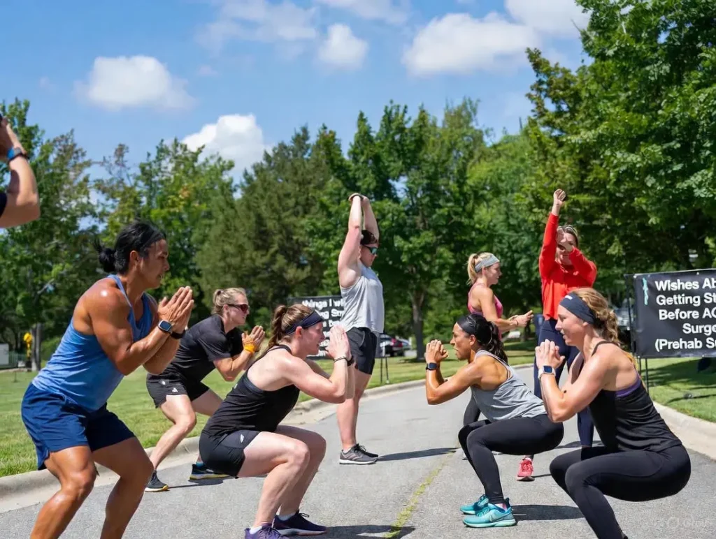 A group of focused athletes in a sunny outdoor park performs prehabilitation exercises like squats and lunges with proper form, surrounded by motivational banners about strength building, embodying things i wish i knew before acl surgery and Wishes About Getting Strong Before ACL Surgery (Prehab Support).