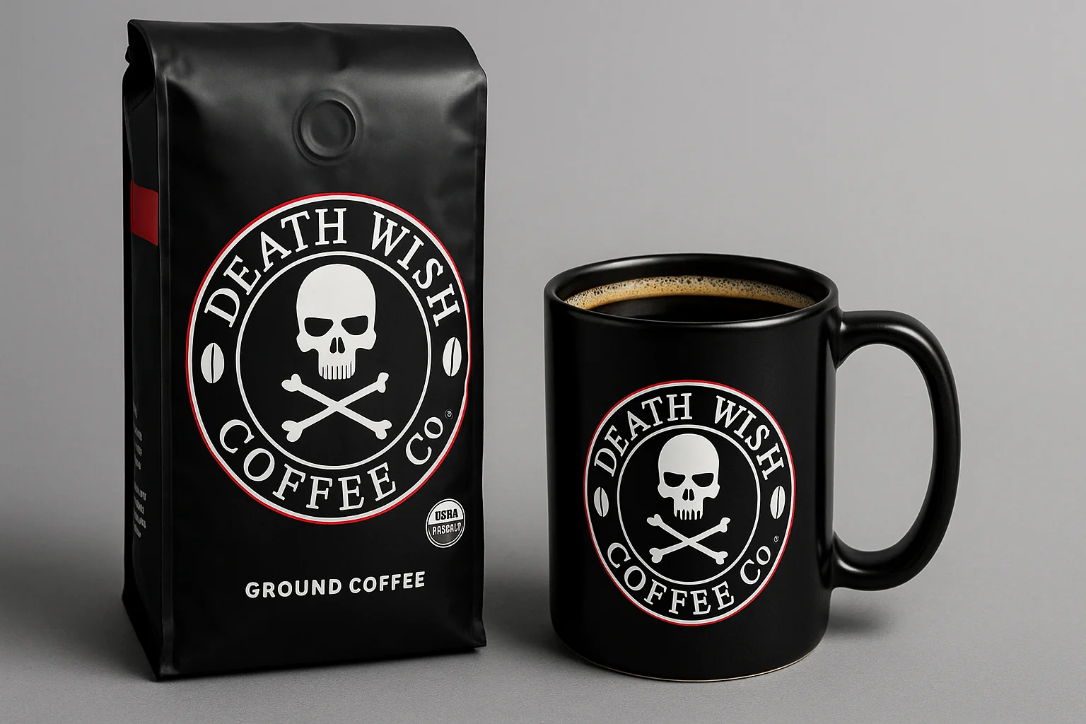 Dark roast Death Wish Coffee mug beside a bag and glowing five-star reviews on a laptop screen