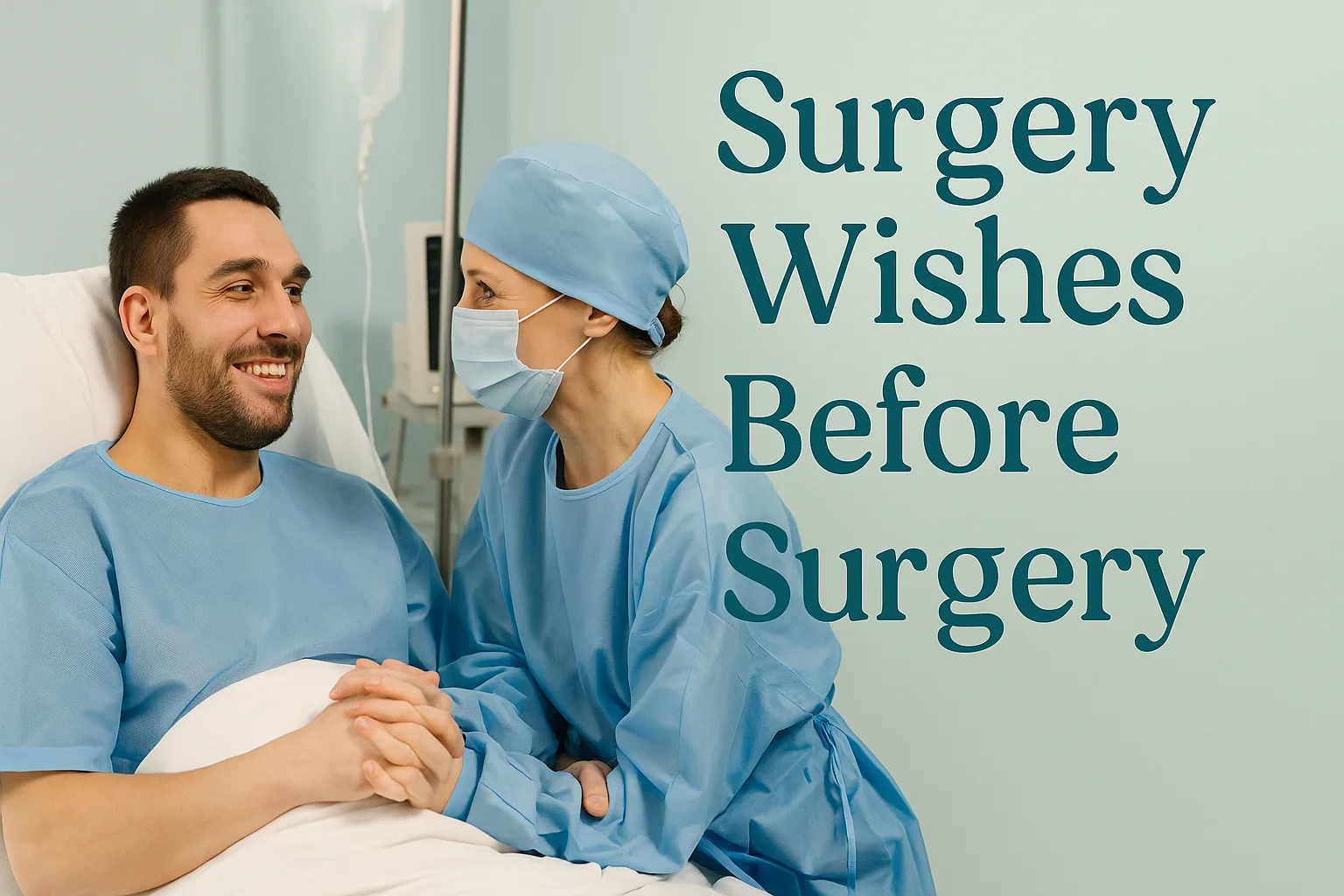 Loved one holding a patient’s hand in a quiet hospital waiting area before surgery, offering comfort and support.