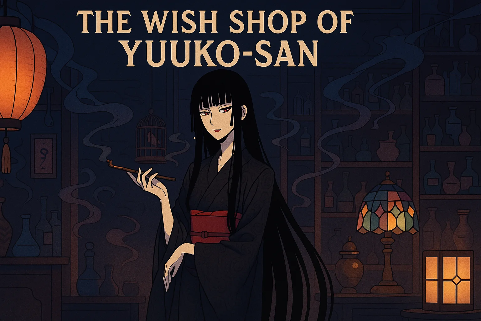 Cozy Japanese-style wish shop at dusk with glowing lanterns, shelves of charms, and a mysterious woman in a kimono welcoming visitors.