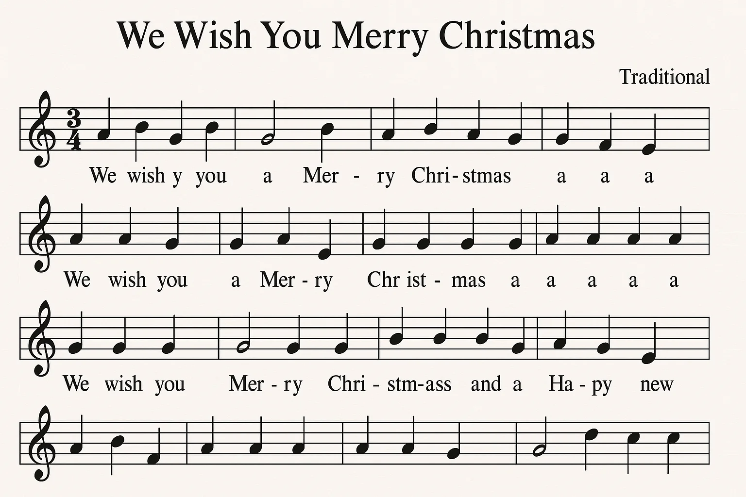 Family gathered around a piano reading We Wish You a Merry Christmas sheet music and singing together in a warmly lit living room.