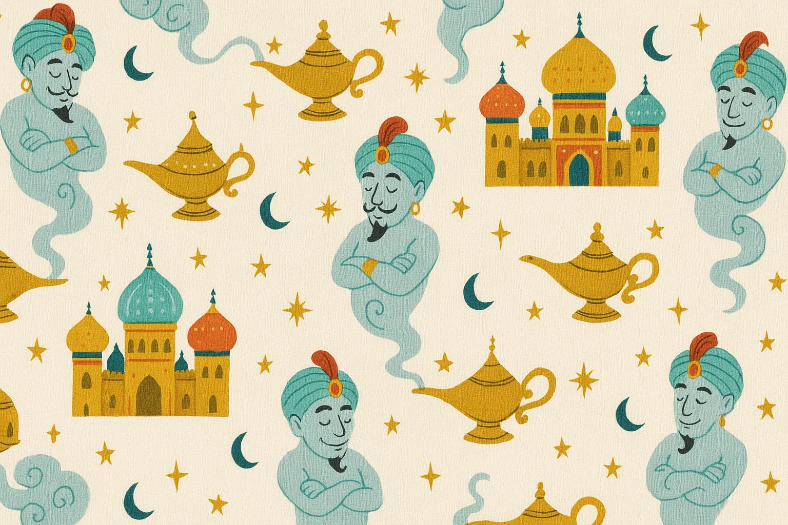 Flat lay of bright Three Wishes quilting fabrics, thread and tools on a sewing table.