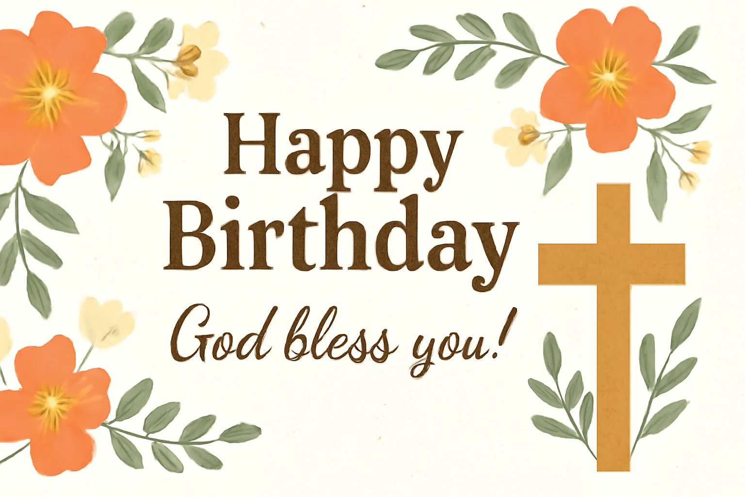 Elegant Christian birthday greeting card with cross and flowers.