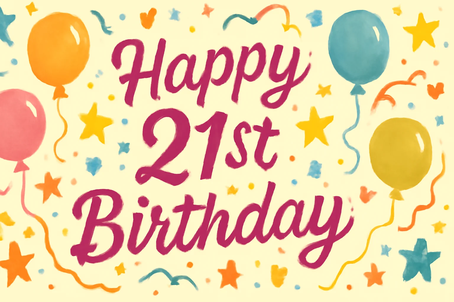 “Birthday cake with lit candles showing 21 and festive confetti around”