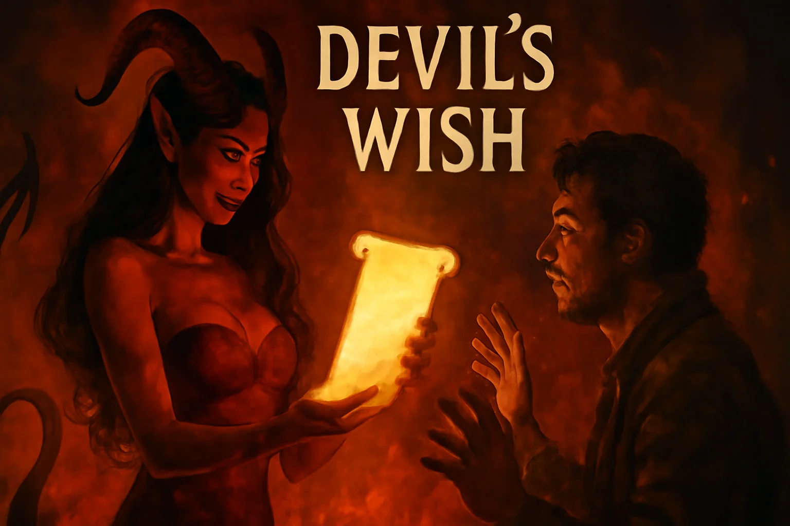 Gothic parchment with “Devil’s Wish” lettering by candlelight in a dark room.