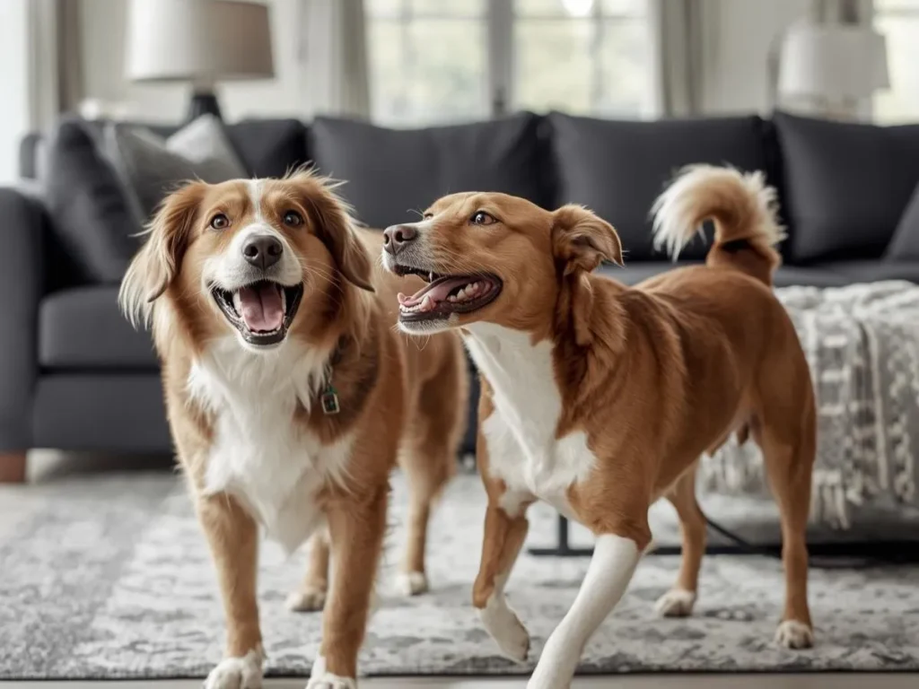 In a sunlit living room, a woman kneels on the floor holding a treat for a calm adult labrador while her golden retriever puppy tugs a chew toy nearby, illustrating what I wish I knew before getting a second dog regarding the daily grind of managing two dogs in one home.