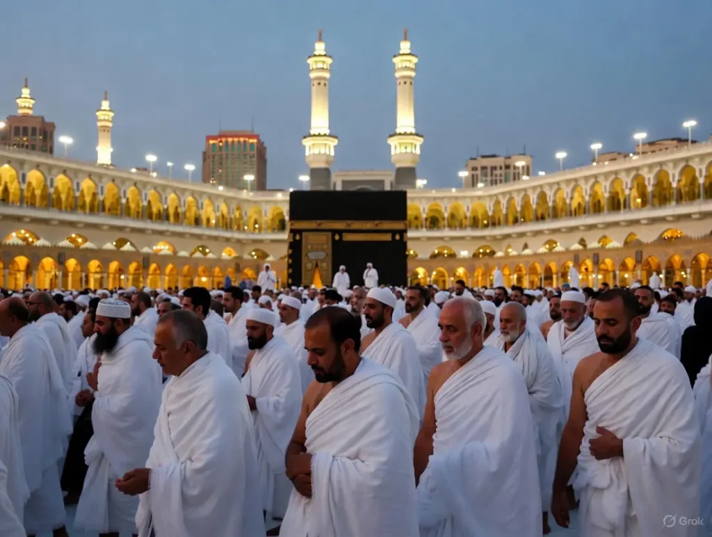 A group of pilgrims in ihram attire circumambulate the Kaaba in the Masjid al-Haram during Umrah, capturing the essence of Umrah Mubarak wishes and heartfelt Umrah Mubarak wishes in English.
