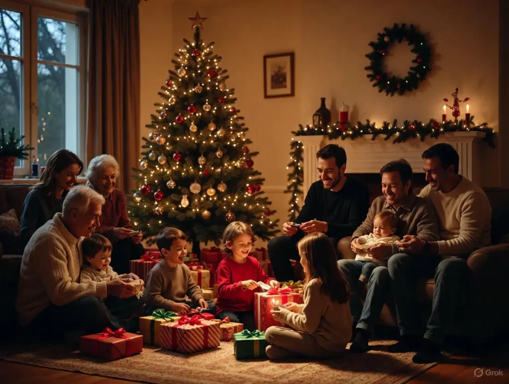 A multi-generational family joyfully opens presents and embraces around a decorated Christmas tree in a warmly lit living room, capturing the essence of christmas wishes in spanish for family.