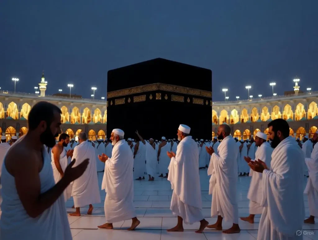 Pilgrims in ihram garments circumambulate the Kaaba in Masjid al-Haram during dusk for Umrah Mubarak wishes, ideal as Umrah Mubarak wishes for social media captions.