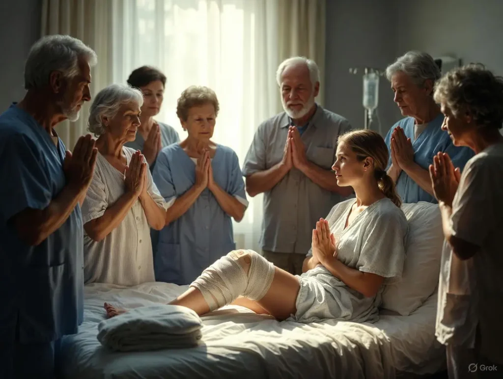 A young woman with a bandaged knee sits in a hospital bed, surrounded by family members and a healthcare worker, all with hands clasped in prayer, in a softly lit room with flowers and get-well cards nearby, capturing things i wish i knew before acl surgery and Faith-Friendly Wishes For ACL Surgery And Recovery.
