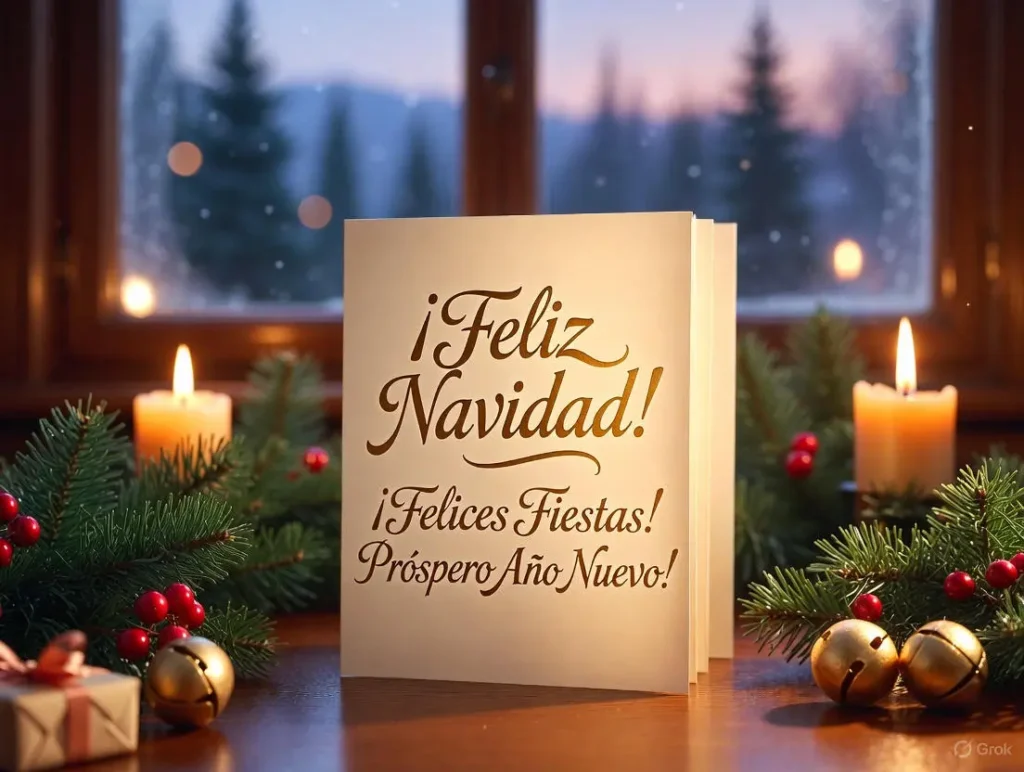 A realistic elegant greeting card displaying Classic Spanish Christmas Greetings & Phrases like "¡Feliz Navidad!" and "¡Felices Fiestas!" sits open on a wooden table in a cozy living room, surrounded by pine branches, red berries, gold bells, and glowing candles with snowy twilight visible through the window in christmas wishes in spanish style.