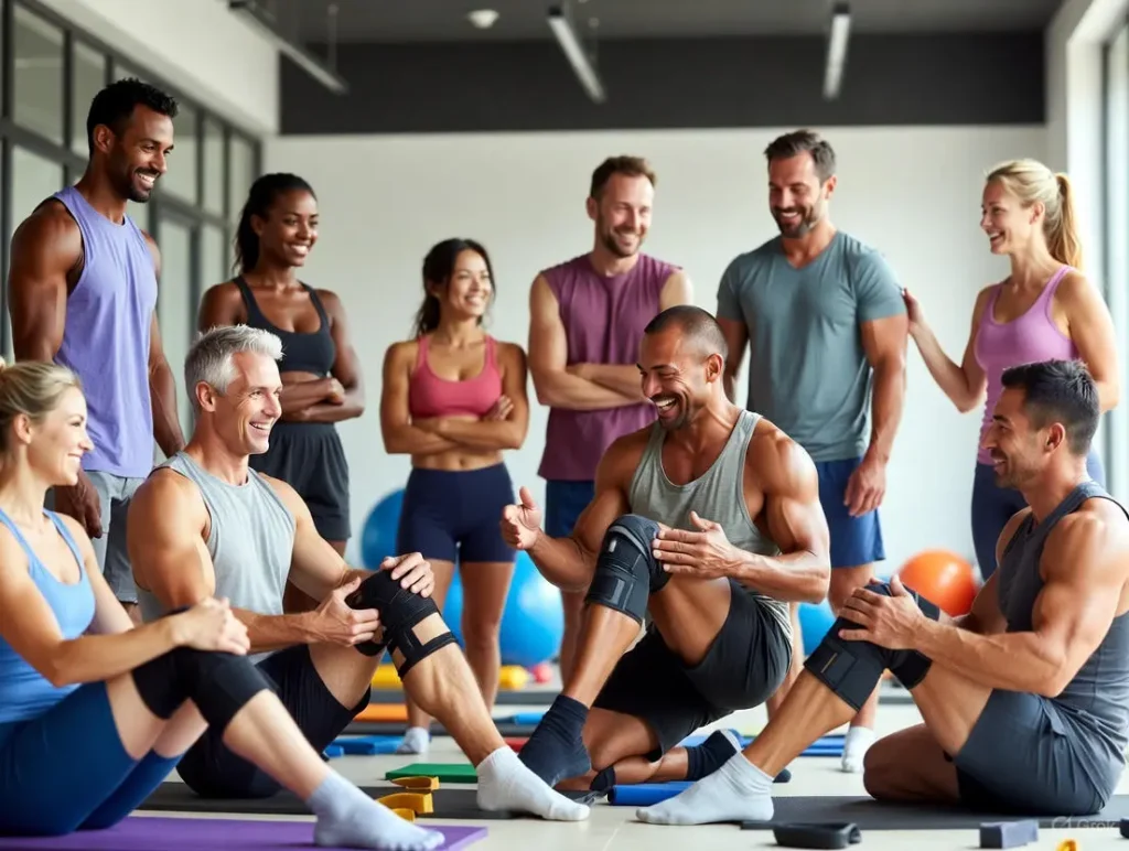 A diverse group of smiling athletes in a bright physical therapy gym supports two individuals wearing knee braces as they practice gentle leg lifts and balance exercises, capturing things i wish i knew before acl surgery and Uplifting Wishes For Athletes Facing ACL Reconstruction.
