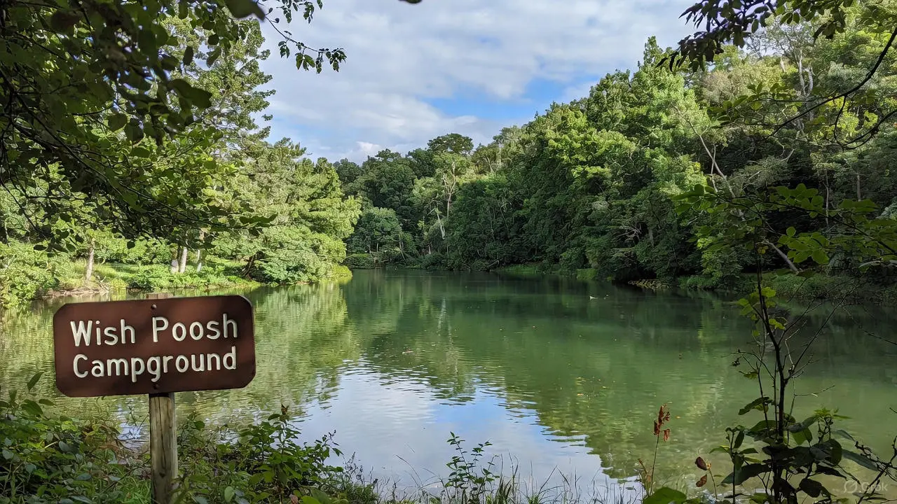 A handwritten note with camping wishes sits by a fire at a peaceful campsite.