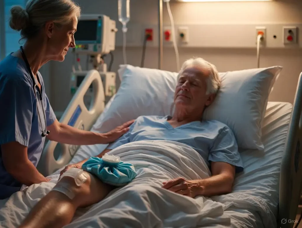 A patient recovering in a hospital bed has an ice pack placed on their bandaged knee while a nurse provides gentle reassurance and adjusts a comfort pillow, relating to things i wish i knew before acl surgery and Honest Wishes About ACL Surgery Pain And Comfort.