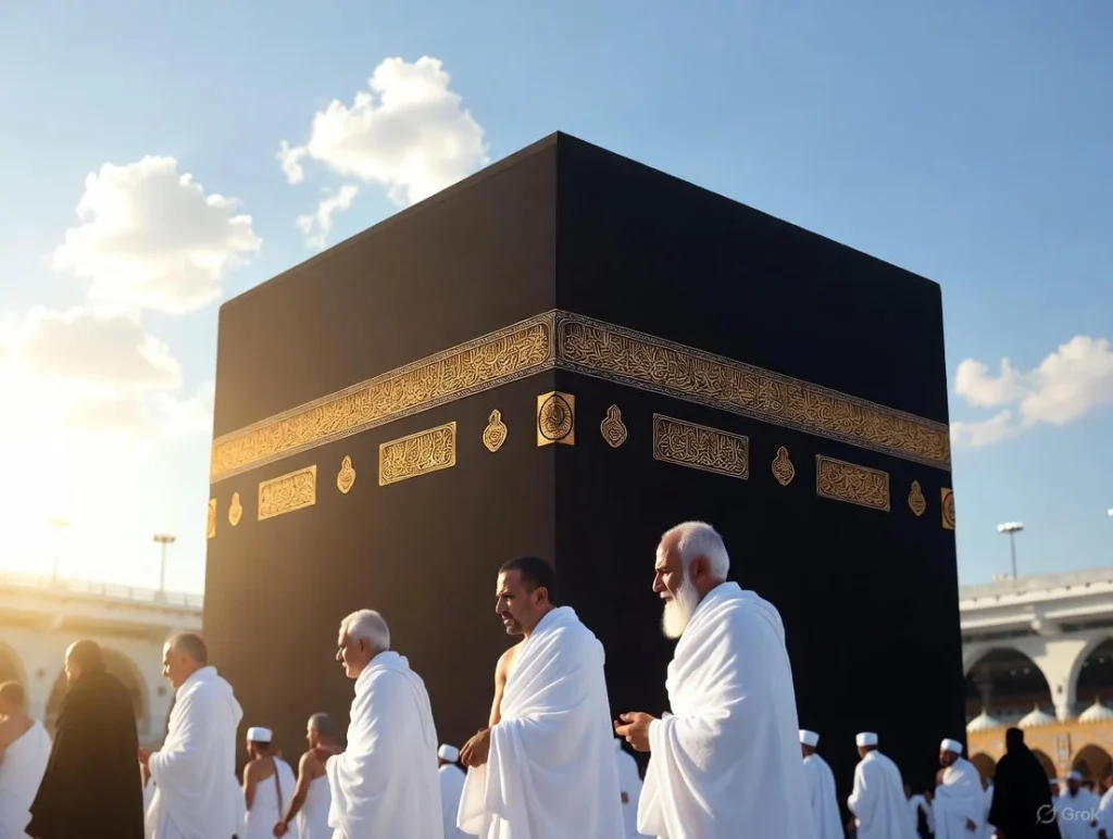 A peaceful crowd of pilgrims in white ihram clothing circumambulating the Kaaba in Mecca under soft daylight captures the essence of simple Umrah Mubarak wishes and Umrah Mubarak wishes.