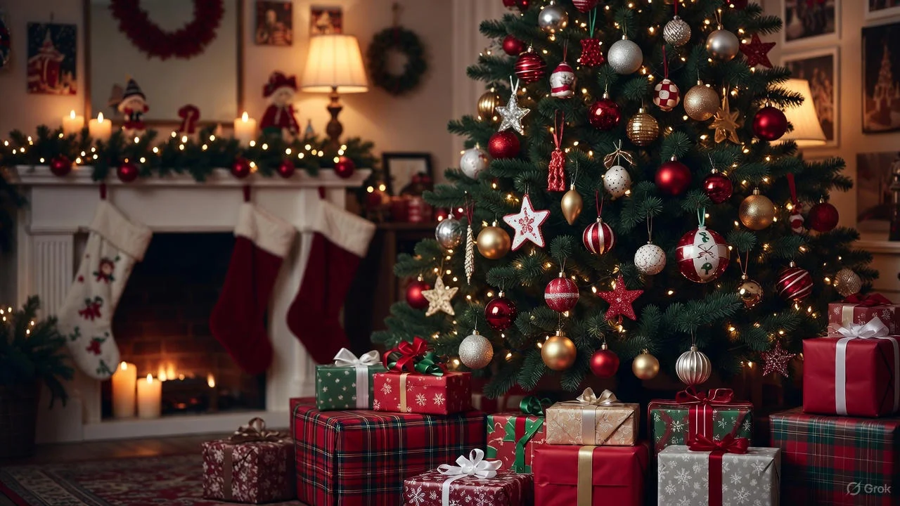 A festive workspace with a holiday card and decorations, representing Christmas wishes for colleagues.