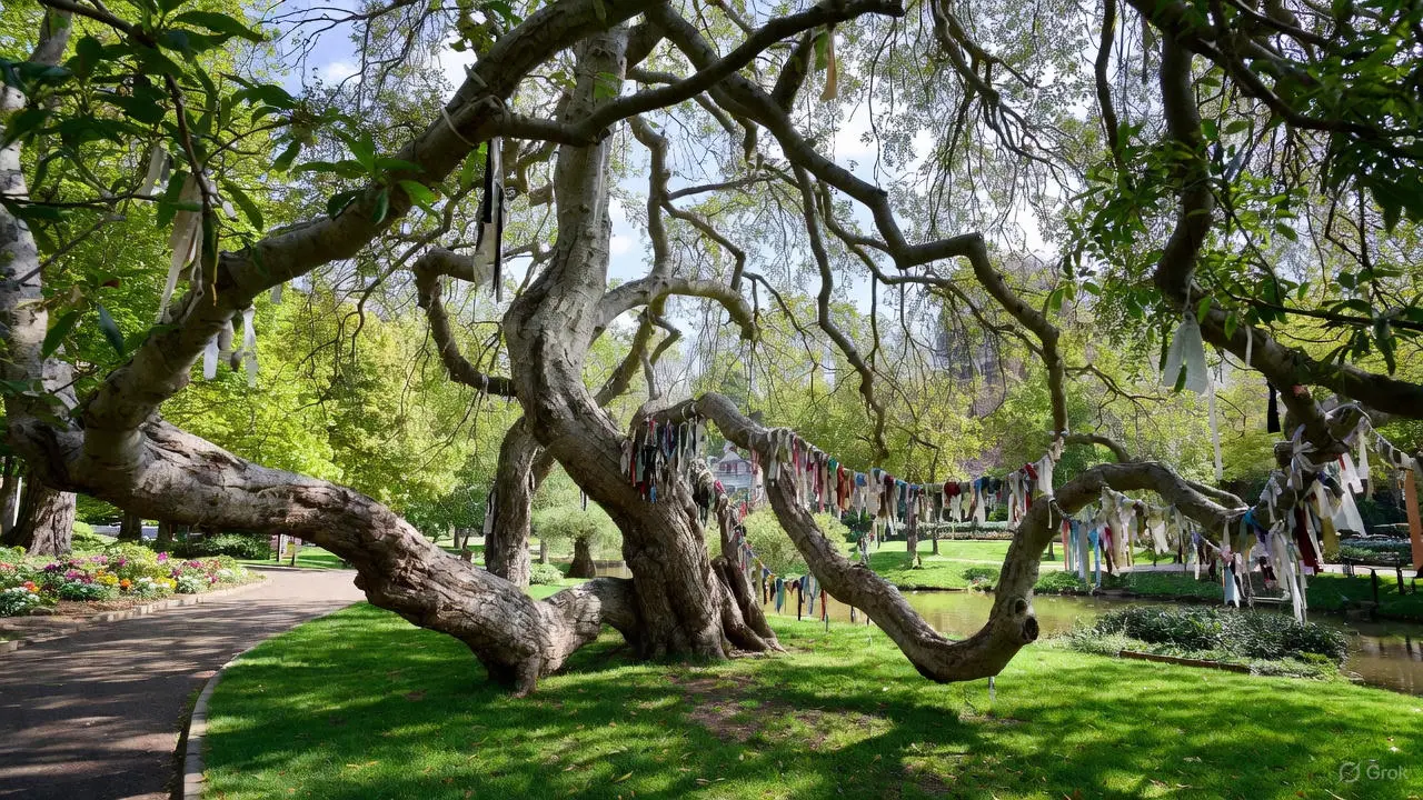 A tree in a park decorated with many handwritten wishing tags.