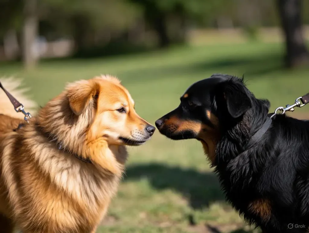 Two leashed dogs of different breeds calmly sniff each other while their owners hold the leashes during the right way to introduce your second dog in a sunny park, as part of what I wish I knew before getting a second dog.