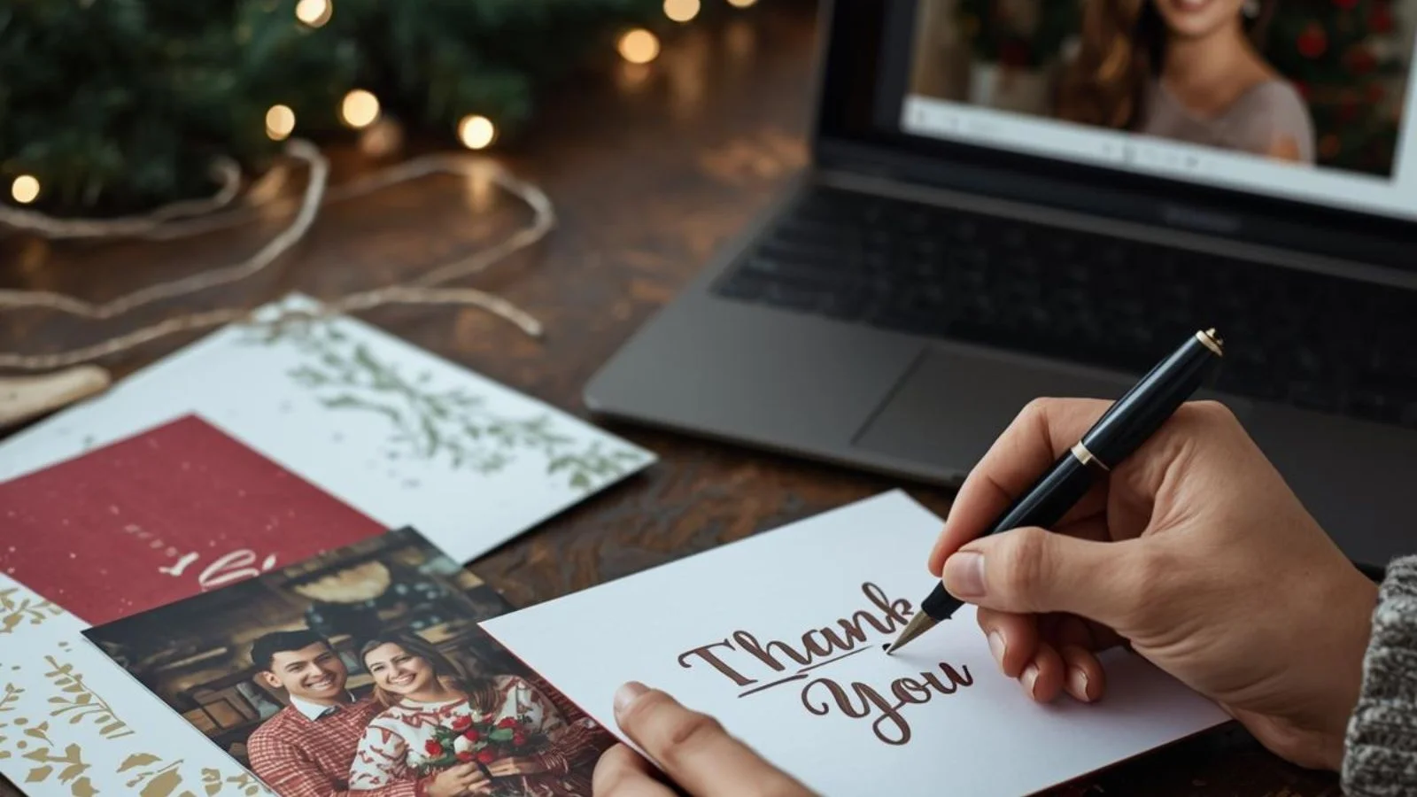 A person writing a Christmas card for a client next to a laptop.