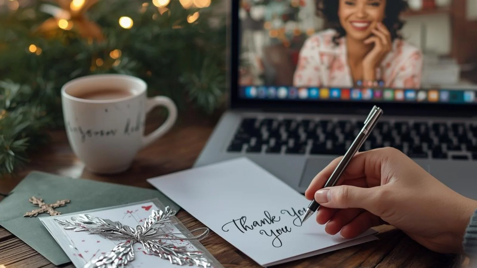 A handwritten Christmas card with a pen, ready for a loving message to a granddaughter.