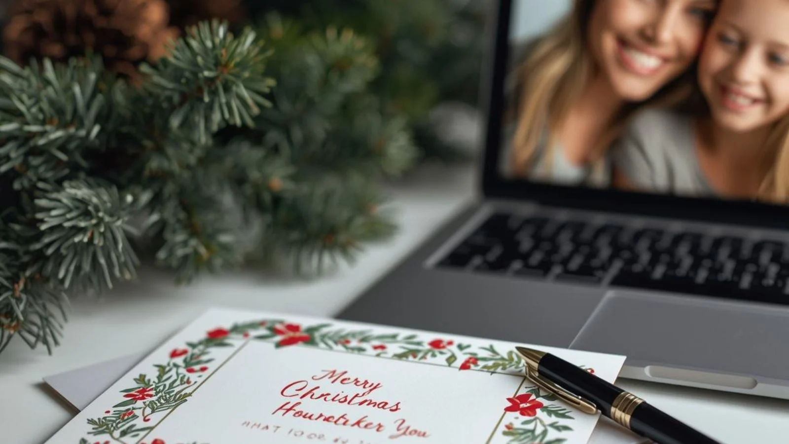 A holiday card and pen on a desk, ready for a Christmas message to a manager.