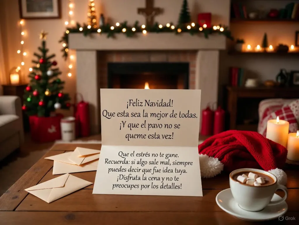 An open Christmas card on a wooden table shows funny Christmas wishes in Spanish alongside a decorated tree with lights in the warmly lit room.