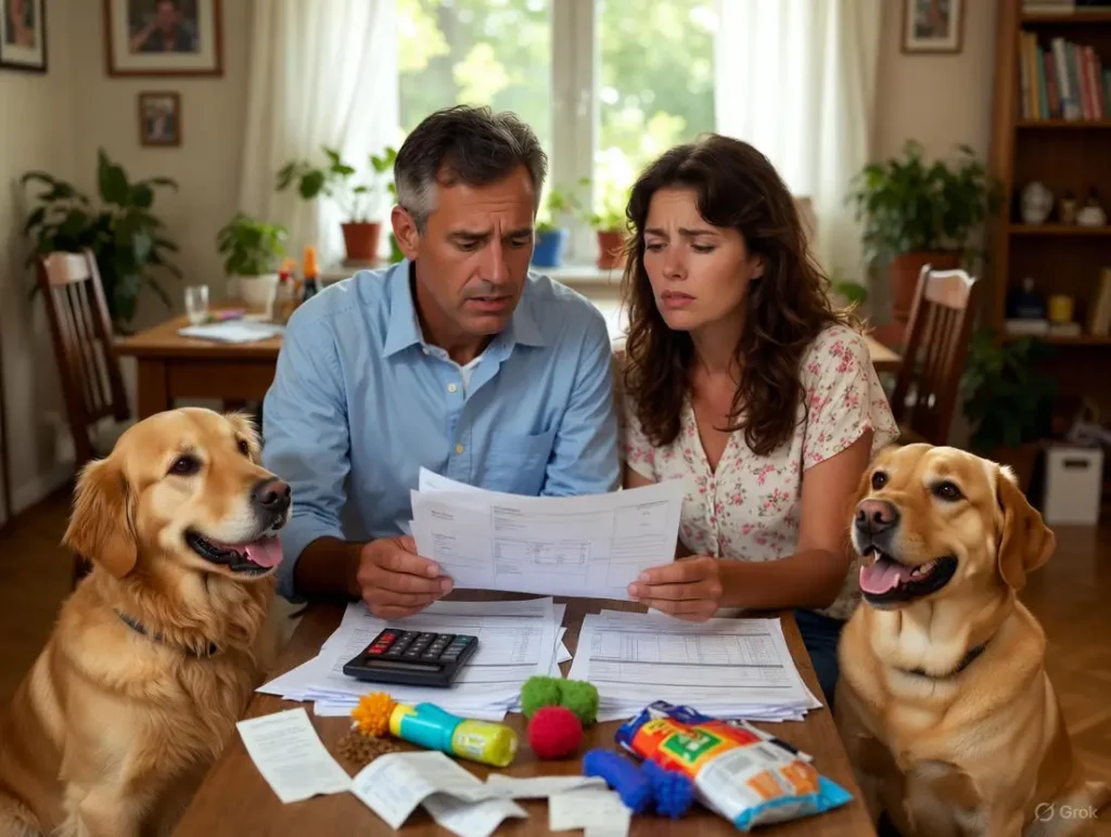 A couple reviews vet bills and pet expense receipts at a living room table with a calculator, surrounded by dog food bags and toys, while their two dogs sit nearby on the floor, illustrating what I wish I knew before getting a second dog in terms of the financial reality: budgeting for double the love.