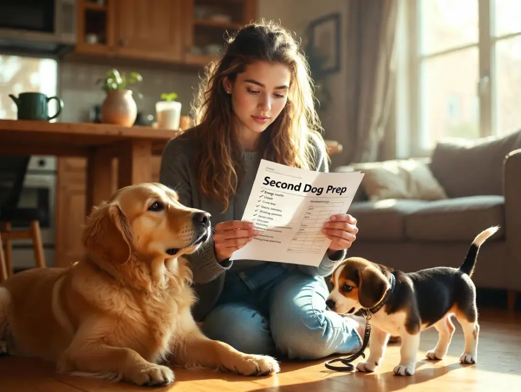 A young woman in a cozy living room reviews the pre-commitment checklist "Are You Really Ready? The Pre-Commitment Checklist" on paper at her kitchen table with her golden retriever at her feet and a leashed beagle puppy sniffing nearby, thoughtfully assessing what I wish I knew before getting a second dog.