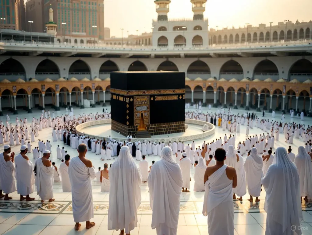 : Diverse pilgrims in ihram garments circumambulate the Kaaba in Masjid al-Haram under warm golden sunset light, evoking unique and creative Umrah Mubarak wishes.