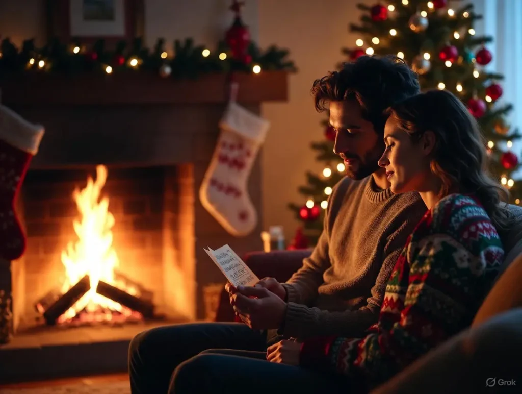 A romantic couple shares an intimate moment by the fireplace during Christmas, with the man giving his partner a card featuring christmas wishes in Spanish for your partner.