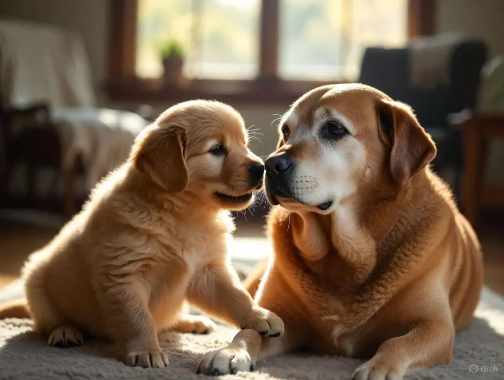 A fluffy golden retriever puppy playfully nuzzles a gray-muzzled senior Labrador lying relaxed on a living room rug, illustrating what I wish I knew before getting a second dog through the puppy-and-senior dynamic as a special consideration in their gentle home interaction.