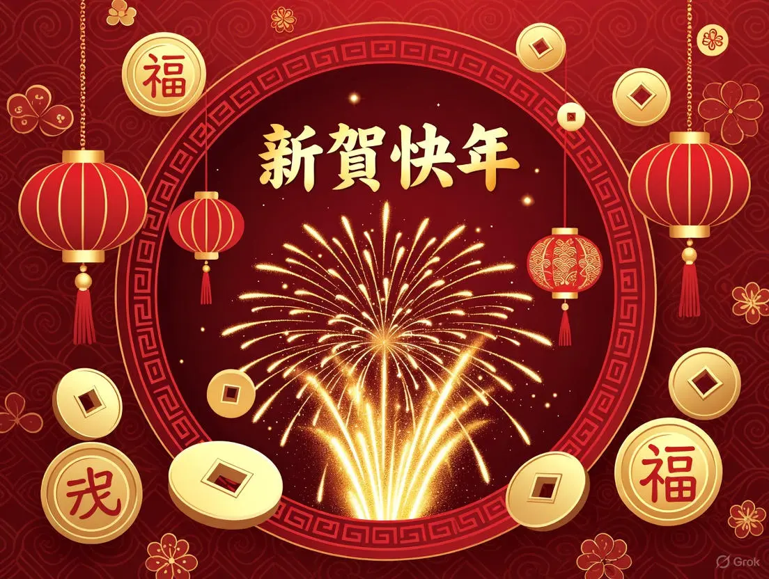 Vibrant Chinese New Year 2026 celebration with Year of the Horse zodiac, red lanterns, fireworks, and traditional prosperity symbols in red and gold.