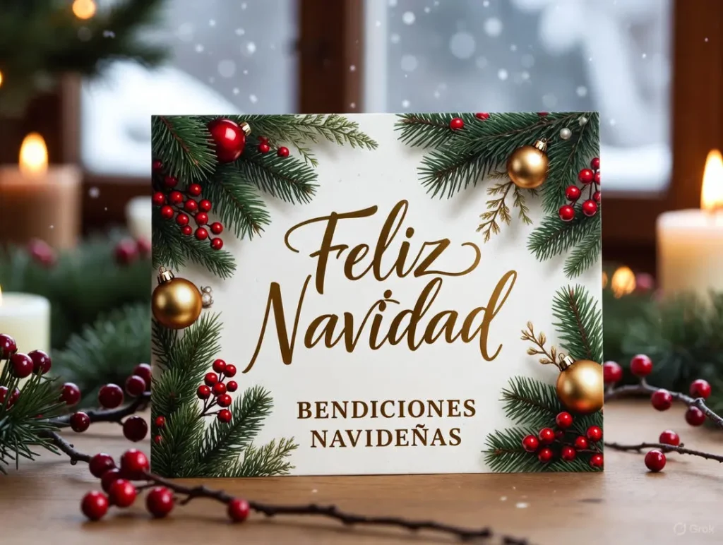 A festive Christmas greeting card on a wooden table displays christmas wishes in spanish with "Feliz Navidad" in elegant gold script, surrounded by evergreen branches, ornaments, and candlelight, evoking Christmas blessings in Spanish