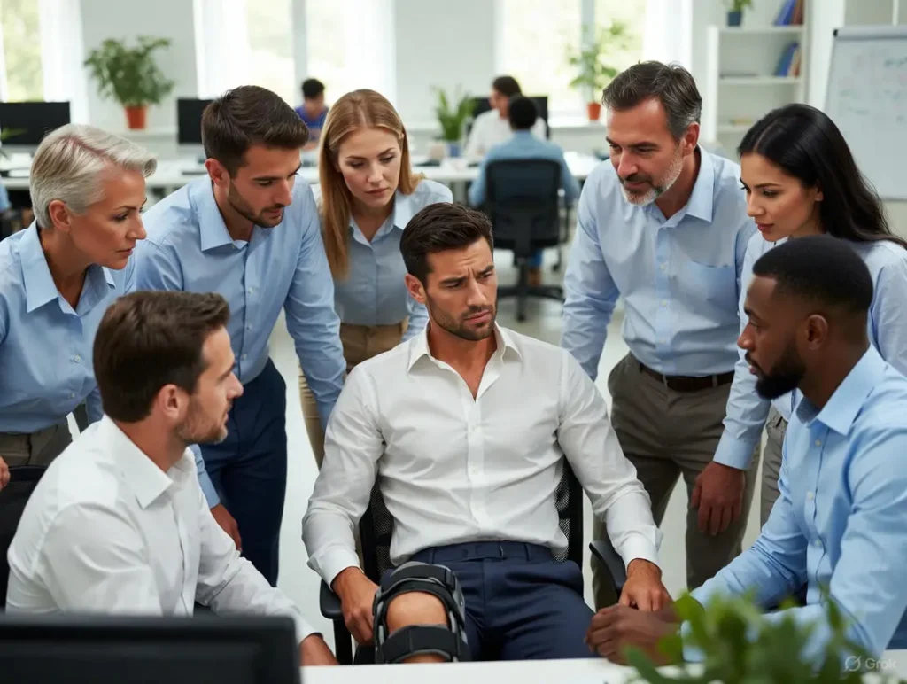 A diverse group of office colleagues gathers around a seated coworker wearing a knee brace on one leg, showing supportive expressions in a brightly lit modern workplace, relating to things i wish i knew before acl surgery and workplace-friendly wishes for colleagues having ACL surgery.