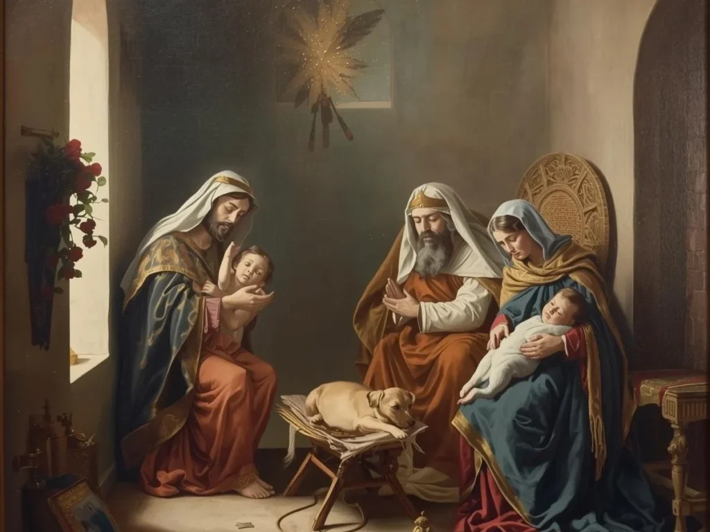 A wooden desk in warm morning light holds a notebook with a gold star, a paper crown, and gold star confetti on a cream cloth.