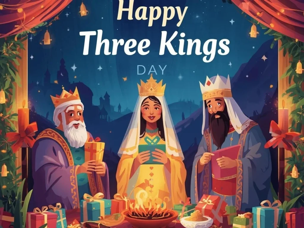 A decorative crown and three wrapped gifts arranged on a sunlit wooden desk with scattered gold coins.

