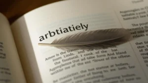 An open dictionary showing the word arbitrary with a feather resting on the page.