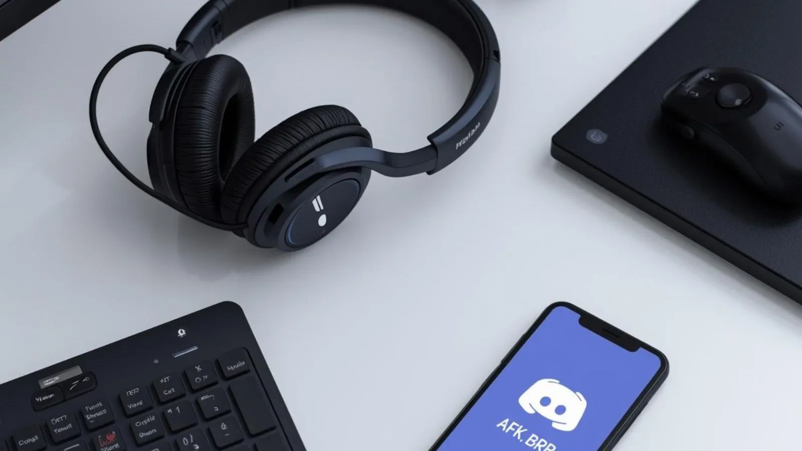 A contemporary desk with tech gear and a phone showing a friendly AFK notification. Caption: Signaling AFK is a key part of digital communication in 2026.