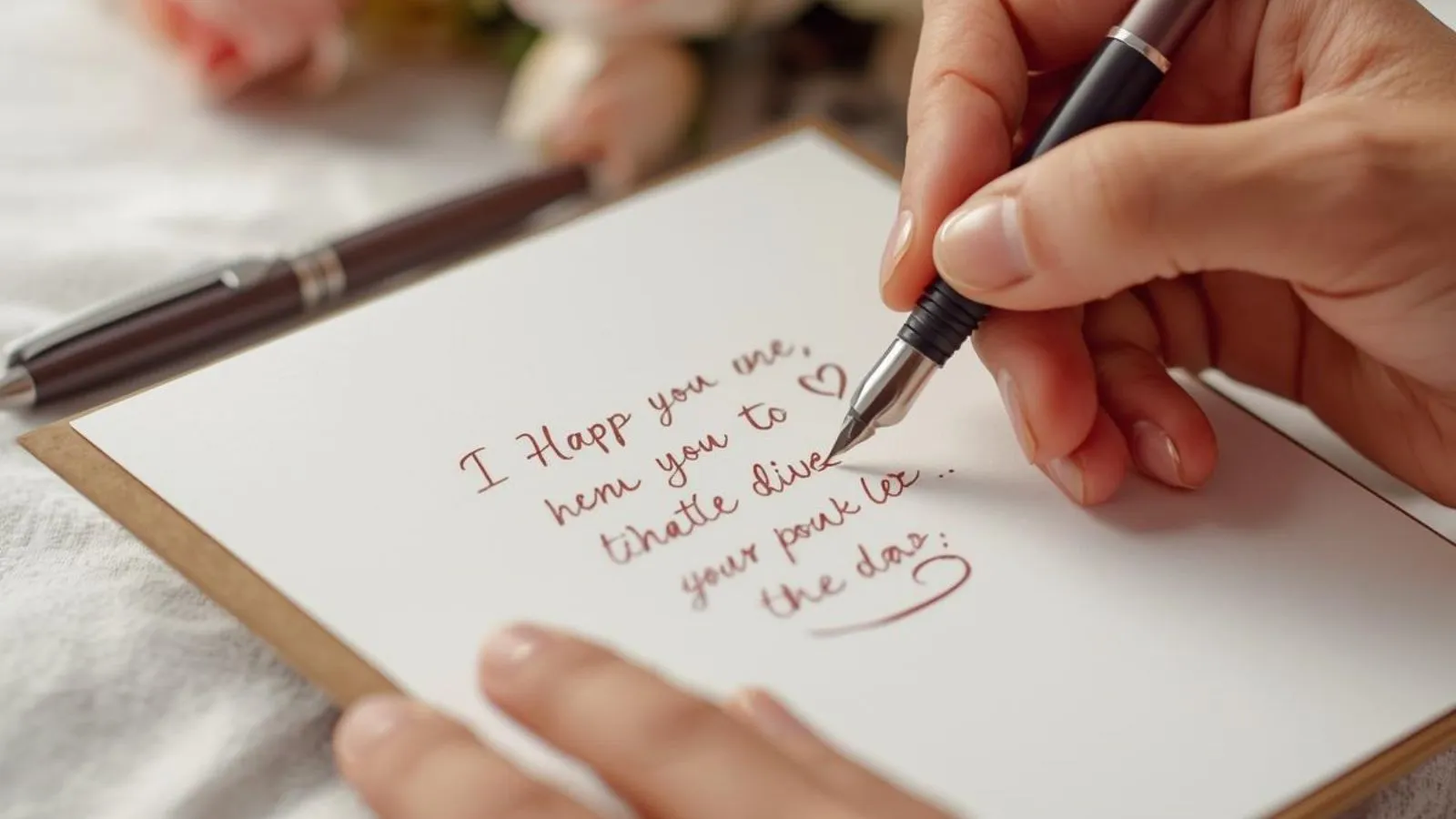 A person's hand writing a personal message inside a greeting card.