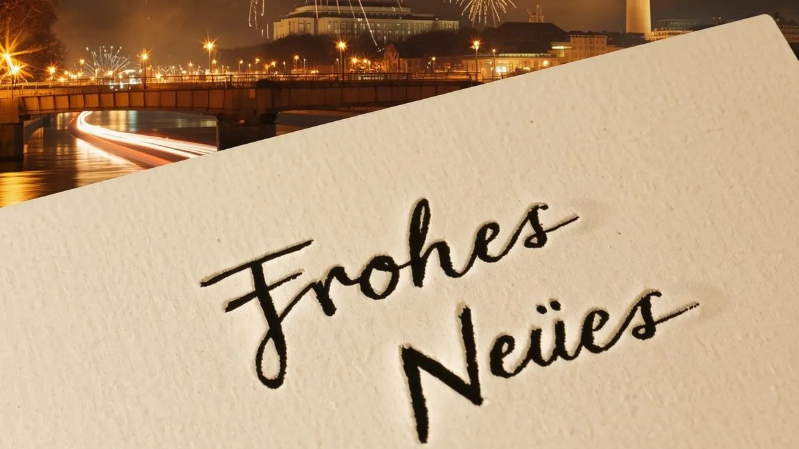 Fireworks over a German city at night with festive New Year's greetings.