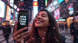 A person laughs at a humorous New Year's message on their phone.