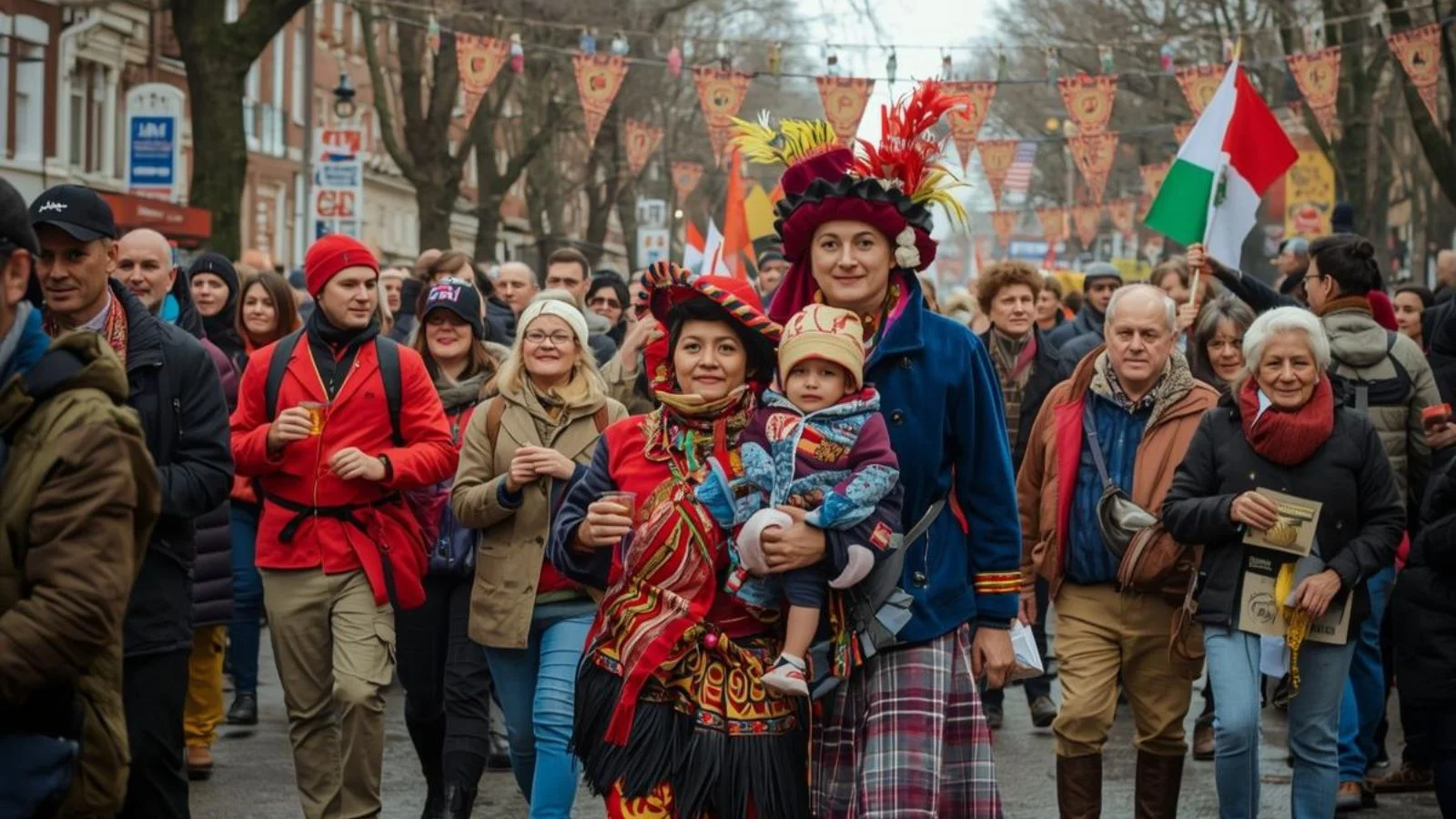 March cultural celebrations wishes and captions on a spring-themed flat lay with a blank greeting card and envelope.