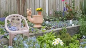 March gardening wishes and captions on a spring flat lay with a blank notebook and small plant.